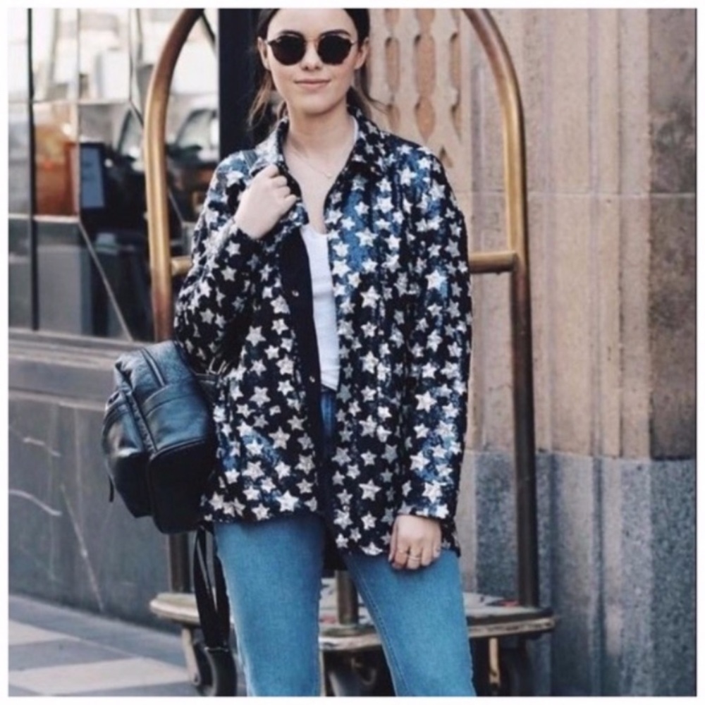 New with Tags Blogger Favorite Zara Sequin Star Shacket Jacket Blue Silver XS